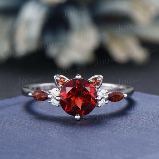 Cat Engagement Ring Vintage 1.2ct Round Cut Natural Garnet Wedding Ring Cat Cut Red Promise Ring Peekaboo Kitten Jewelry Gifts for Cat Lover