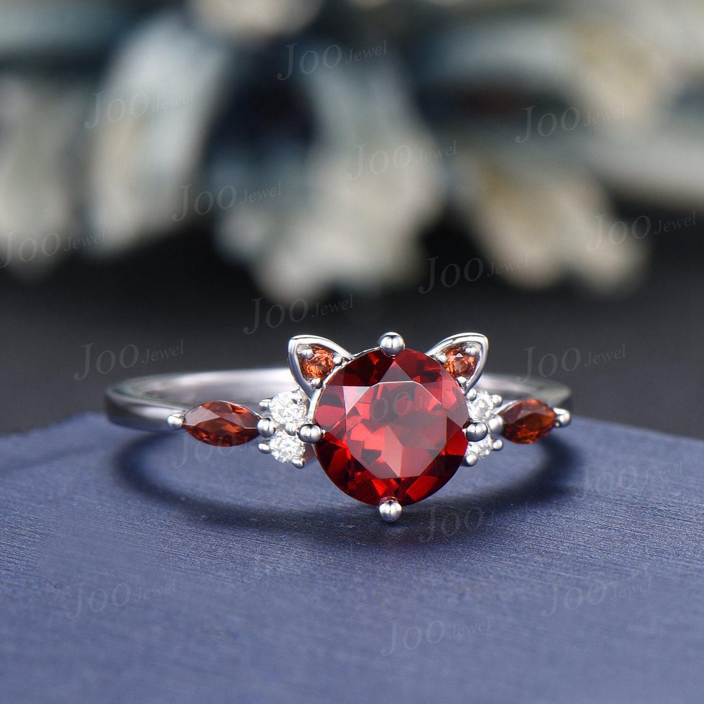 Cat Engagement Ring Vintage 1.2ct Round Cut Natural Garnet Wedding Ring Cat Cut Red Promise Ring Peekaboo Kitten Jewelry Gifts for Cat Lover