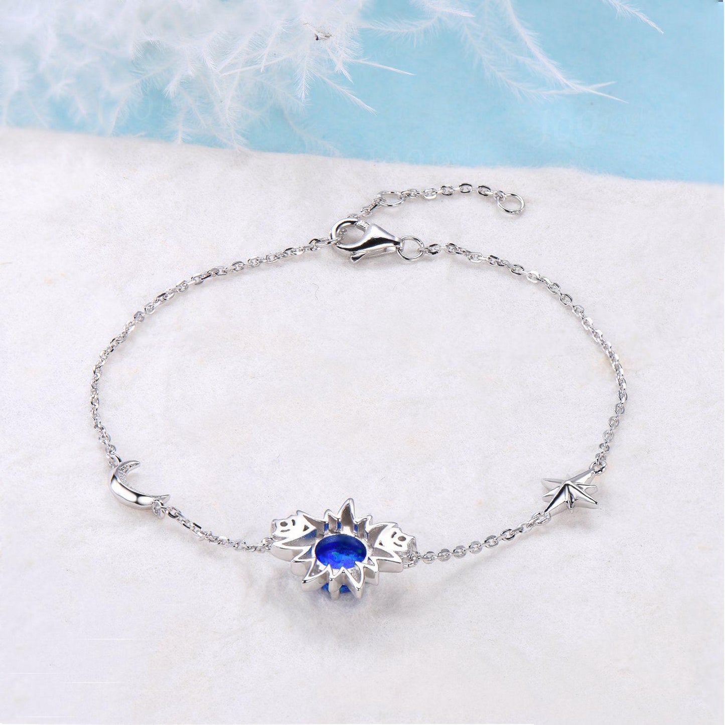 Moon & Sun Bracelet Sterling Silver No Fading Adjustable Bracelet Round Cut Blue Opal Chain Bracelet for Women Unique Summer Charm Bracelets