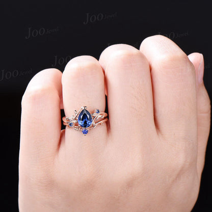 1.25ct Nature Inspired Pear Cut Blue Sapphire Bridal Set 14K Rose Gold Twig Vine Wedding Ring Unique September Birthstone Birthday Gifts