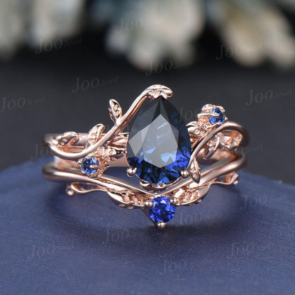 1.25ct Nature Inspired Pear Cut Blue Sapphire Bridal Set 14K Rose Gold Twig Vine Wedding Ring Unique September Birthstone Birthday Gifts