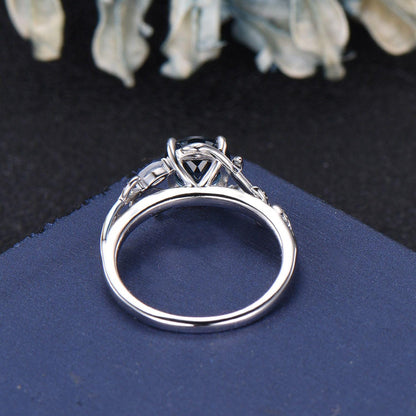 1ct Natural London Blue Topaz Moonstone Ring Vintage Sterling Silver Round Topaz Leaf Cluster Engagement Ring December Birthstone Gift Women