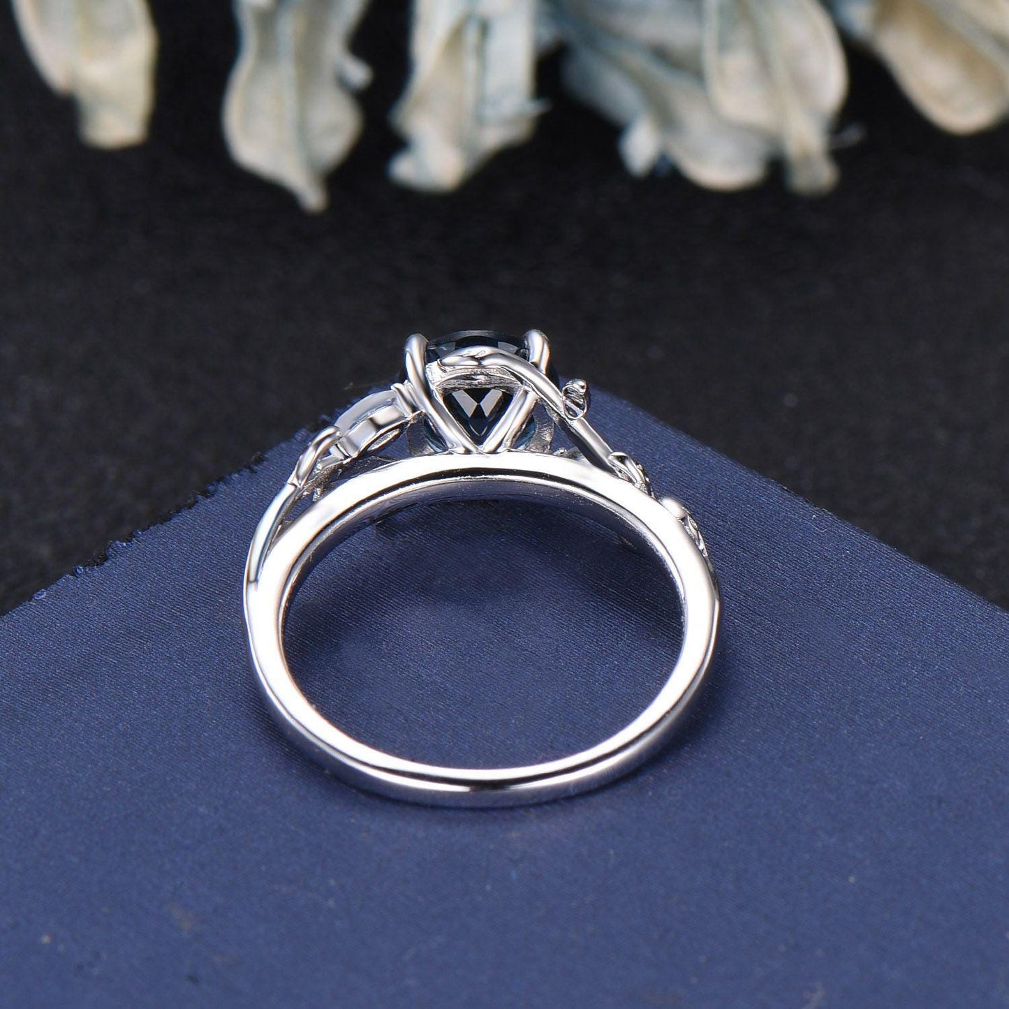 2ct Emerald Cut Natural London Blue Topaz Wedding Ring 14K White Gold Cluster Moonstone Leaf Promise Ring December Birthstone Birthday Gifts