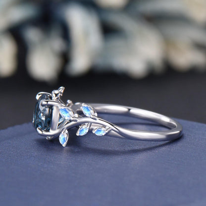 1ct Natural London Blue Topaz Moonstone Ring Vintage Sterling Silver Round Topaz Leaf Cluster Engagement Ring December Birthstone Gift Women