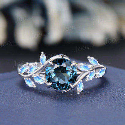 1ct Natural London Blue Topaz Moonstone Ring Vintage Sterling Silver Round Topaz Leaf Cluster Engagement Ring December Birthstone Gift Women
