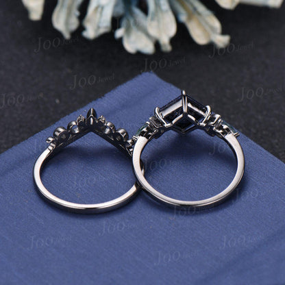 2ct Princess Cut Galaxy Blue Sandstone Celestial Engagement Ring Set Triple Moon Band Gothic Black Gold Blue Goldstone Moon Phase Ring Women