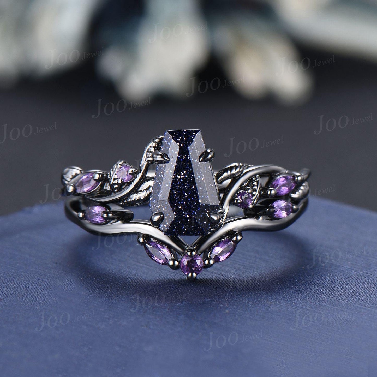 Princess Cut Blue Goldstone Ring Set Nature Inspired Galaxy Blue Sandstone Amethyst Bridal Set Unique Twig Vine Black Gold Wedding Ring Set