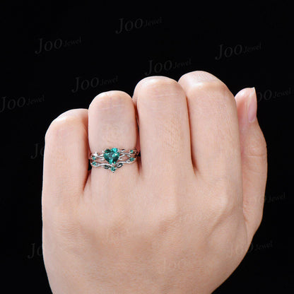 14K Black Gold Twig Vine Heart Cut Green Emerald Engagement Ring Set Moss Agate Wedding Ring Set Goth Black Promise Ring Women Jewelry Gifts