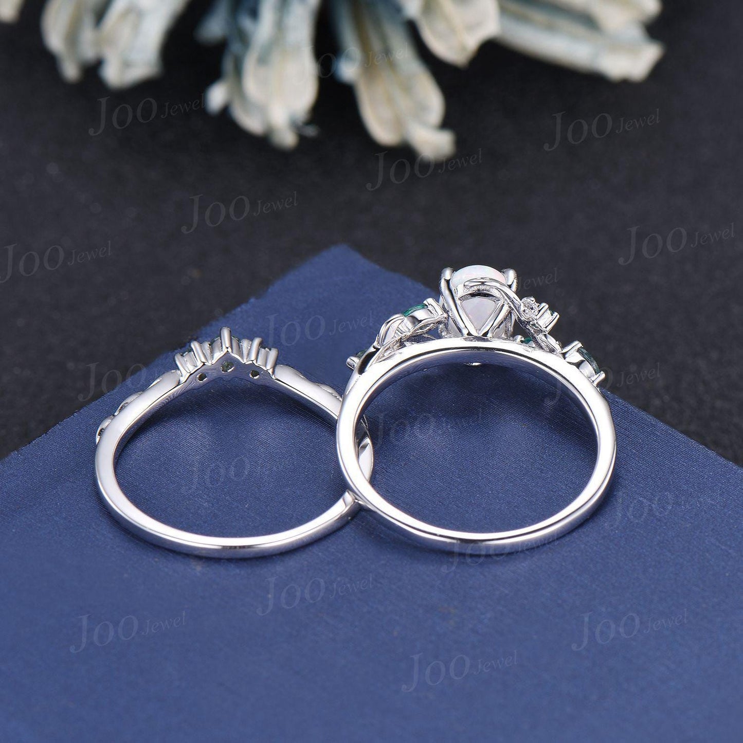 1ct Kite Cut White Opal Bridal Ring Set 10K Rose Gold Branch Engagement Ring Emerald Opal Wedding Ring Moss Agate Wedding Band for Women