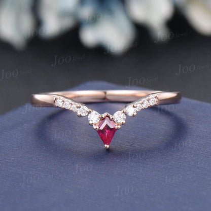 Kite Garnet Moissanite Curved Wedding Band Vintage 10K White Gold January Birthstone Nesting Band Red Gemstone Ring Anniversary Promise Gift