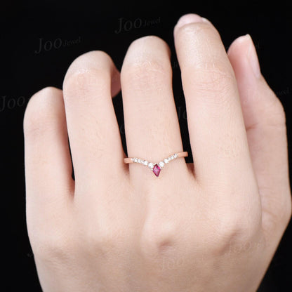 Kite Garnet Moissanite Curved Wedding Band Vintage 10K White Gold January Birthstone Nesting Band Red Gemstone Ring Anniversary Promise Gift