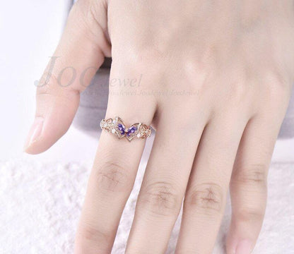 Unique Amethyst Opal Butterfly Engagement Ring 14K Solid Rose Gold Filigree Hollow Crafts Vintage Fantasy Bridal Set Butterfly Wedding rings