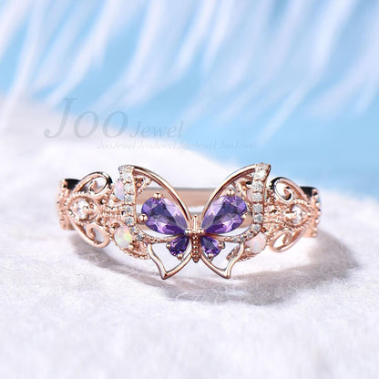 Unique Amethyst Opal Butterfly Engagement Ring 14K Solid Rose Gold Filigree Hollow Crafts Vintage Fantasy Bridal Set Butterfly Wedding rings