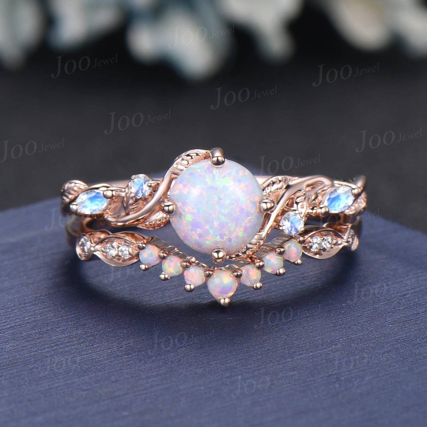 Twig Vine White Opal Ring Set 10K Rose Gold 1ct Round Cut Opal Moonstone Nature Engagement Ring Opal Wedding Band October Birthstone Gifts