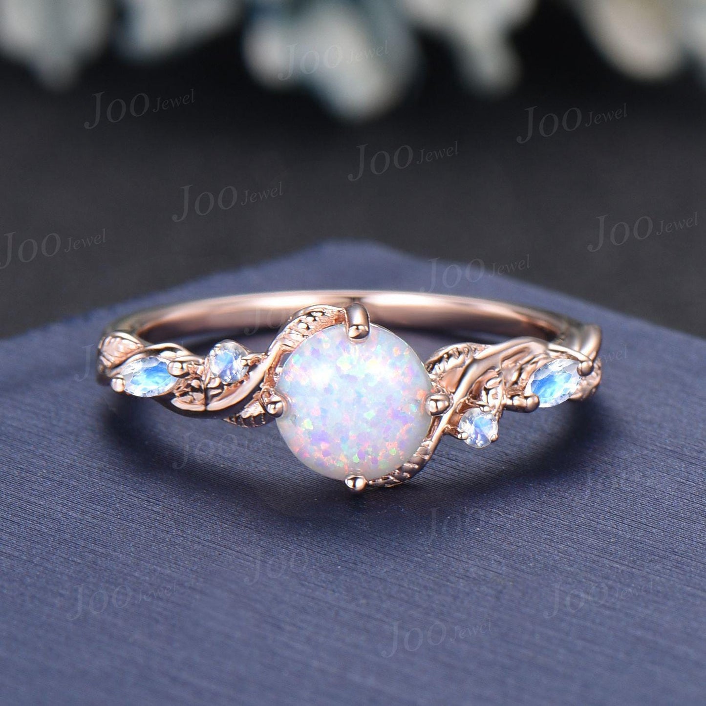 Twig Vine White Opal Ring Set 10K Rose Gold 1ct Round Cut Opal Moonstone Nature Engagement Ring Opal Wedding Band October Birthstone Gifts