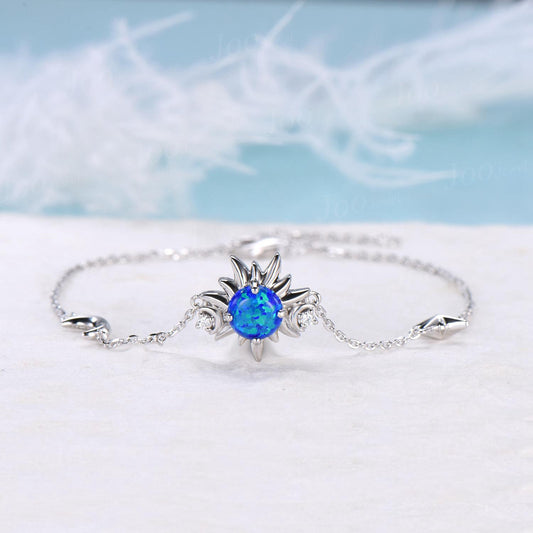 Moon & Sun Bracelet Sterling Silver No Fading Adjustable Bracelet Round Cut Blue Opal Chain Bracelet for Women Unique Summer Charm Bracelets