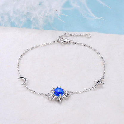 Moon & Sun Bracelet Sterling Silver No Fading Adjustable Bracelet Round Cut Blue Opal Chain Bracelet for Women Unique Summer Charm Bracelets