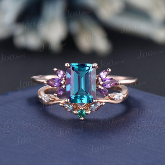 2ct Emerald Cut Color-Changing Alexandrite Amethyst Ring Set No Fading June Birthstone Engagement Ring Unique Cluster Wedding Proposal Ring