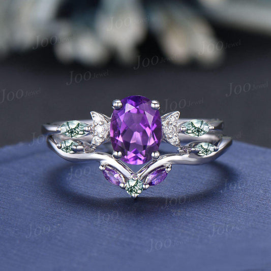 Oval Cut Natural Amethyst Moss Agate Bridal Ring February Birthstone Jewelry 1.5ct Crescent Moon Purple Crystal Wedding Ring