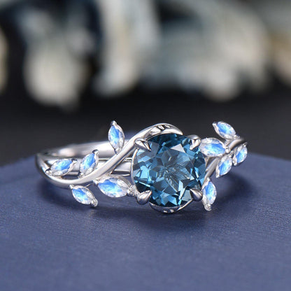 1ct Natural London Blue Topaz Moonstone Ring Vintage Sterling Silver Round Topaz Leaf Cluster Engagement Ring December Birthstone Gift Women