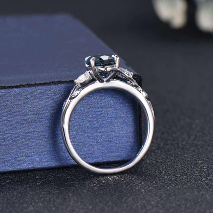 1ct Natural London Blue Topaz Moonstone Ring Vintage Sterling Silver Round Topaz Leaf Cluster Engagement Ring December Birthstone Gift Women