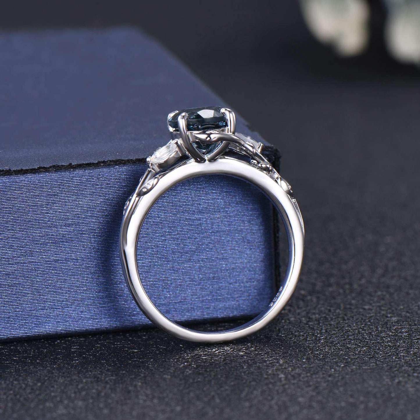 2ct Emerald Cut Natural London Blue Topaz Wedding Ring 14K White Gold Cluster Moonstone Leaf Promise Ring December Birthstone Birthday Gifts