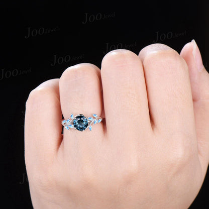 1ct Natural London Blue Topaz Moonstone Ring Vintage Sterling Silver Round Topaz Leaf Cluster Engagement Ring December Birthstone Gift Women