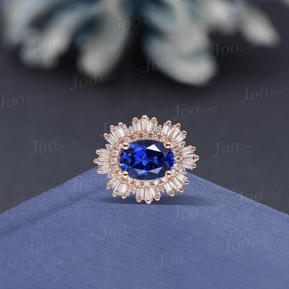 Oval Royal Blue Sapphire Moissanite Brooch September Birthstone Birthday Gift Halo Sapphire Pin Clip for Women 14K Rose Gold Vintage Jewelry