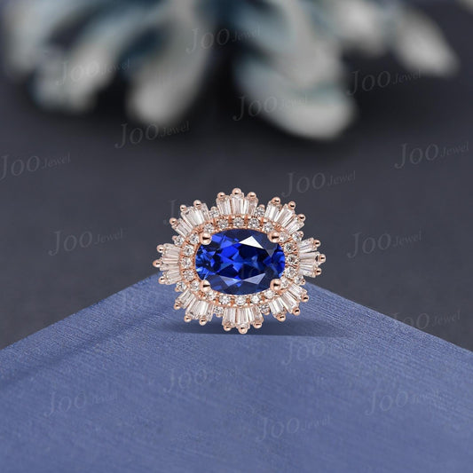 Oval Royal Blue Sapphire Moissanite Brooch September Birthstone Birthday Gift Halo Sapphire Pin Clip for Women 14K Rose Gold Vintage Jewelry