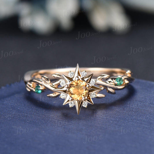 Natural Citrine Sunburst Ring 4mm/5mm Round Cut Yellow Citrine Wedding Ring Twig Vine Emerald Sunshine Promise Rings Gift for Daughter/Wife