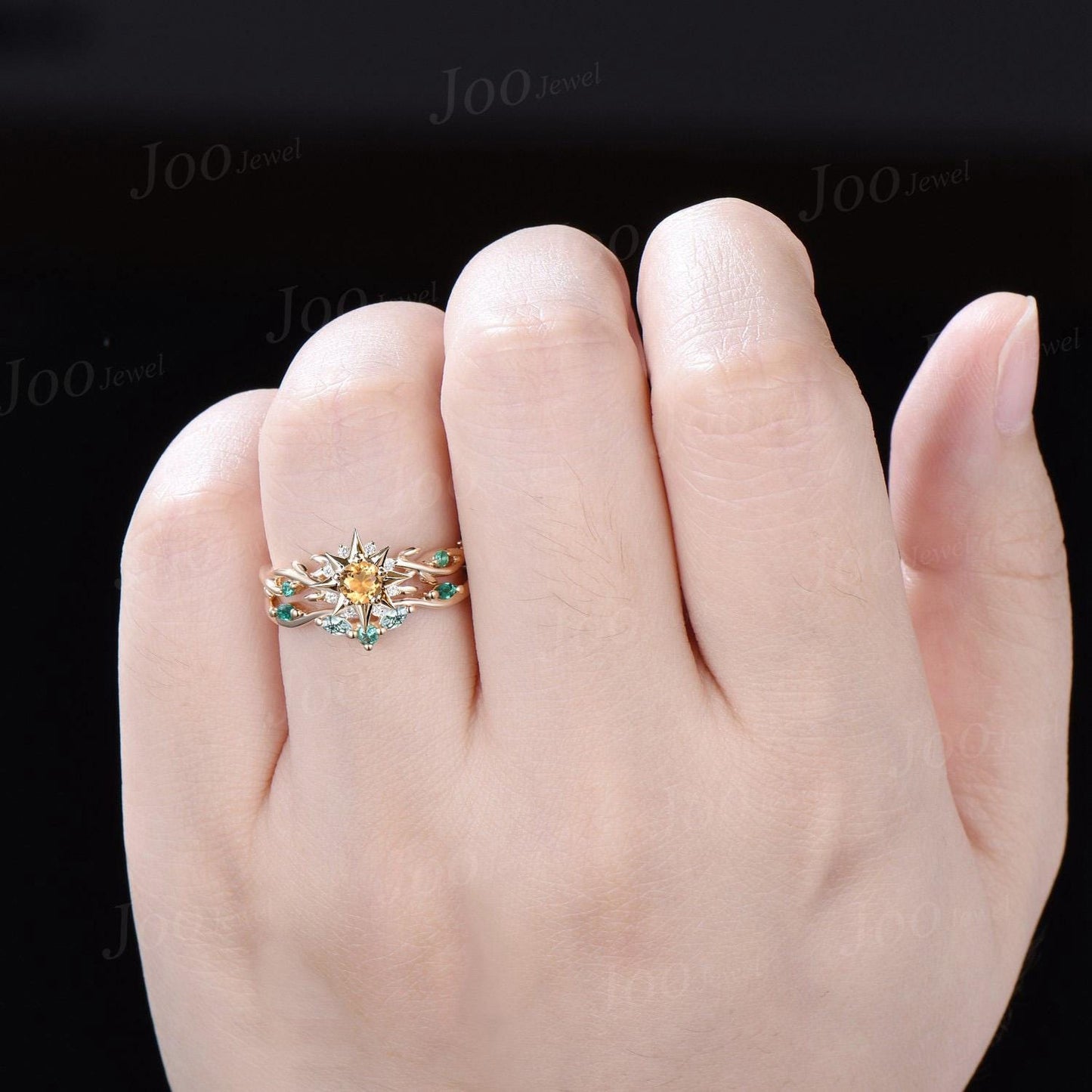 Natural Citrine Sunburst Ring 4mm/5mm Round Cut Yellow Citrine Wedding Ring Twig Vine Emerald Sunshine Promise Rings Gift for Daughter/Wife