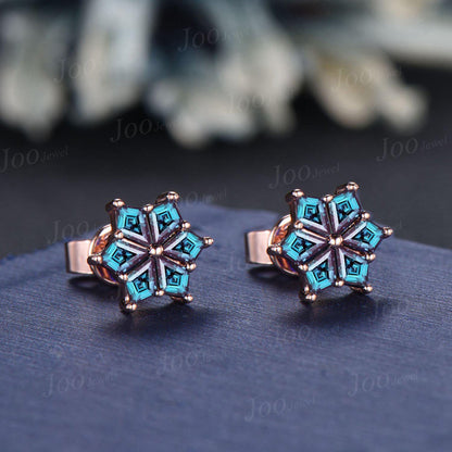 Color-Change Alexandrite Stud Earrings Vintage 14K Solid Rose Gold Snowflake Earrings Kite Gemstone Earrings for Women Christmas Earrings