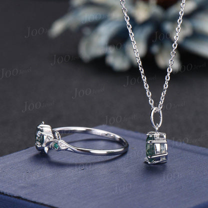 Round Cut Genuine Moss Agate Ring Necklace Set Sterling Silver Vintage Unique Best Friend Gift for Women/Girl Green Gemstone Healing Jewelry