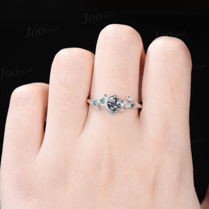 Round Cut Genuine Moss Agate Ring Necklace Set Sterling Silver Vintage Unique Best Friend Gift for Women/Girl Green Gemstone Healing Jewelry