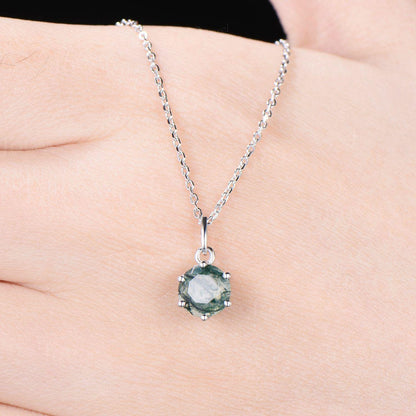 Round Cut Genuine Moss Agate Ring Necklace Set Sterling Silver Vintage Unique Best Friend Gift for Women/Girl Green Gemstone Healing Jewelry