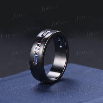 6mm Men Band Baguette Cut Color-Change Alexandrite Engagement Ring for Men Black Brushed Matte Finished Band Unique Marriage Promise Rings