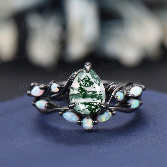 1.25ct Pear Cut Genuine Moss Agate Opal Engagement Ring Set Black Wedding Ring for Women Twisted Twig Vine Branch Aquatic Agate Bridal Set