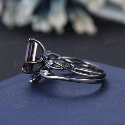 Gothic Bridal Ring Coffin Cut Color-Change Alexandrite Moonstone Black Engagement Rings Twig Vine Wedding Ring For Goth Gown Wedding Party