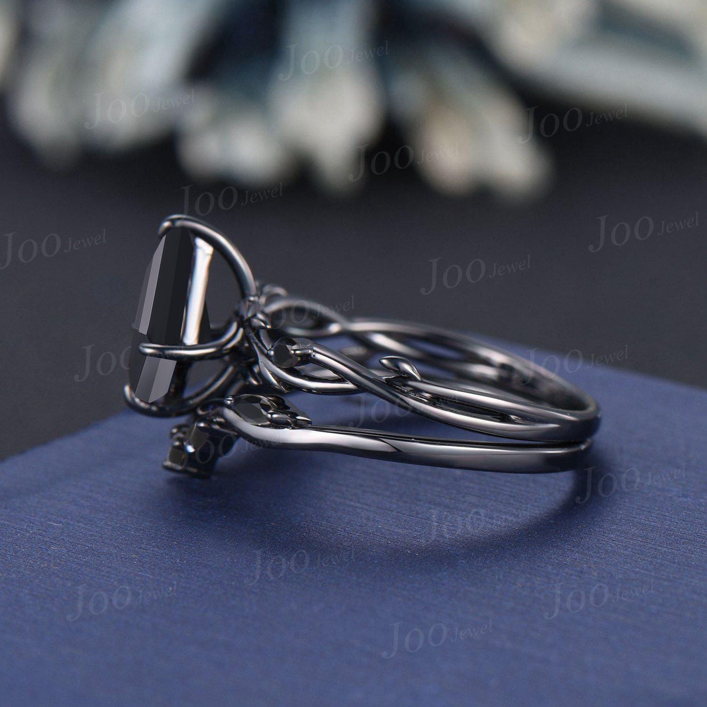 Coffin Cut Genuine Black Onyx Gothic Engagement Ring for Women Vintage Black Gold Ring Emerald Wedding Ring Twig Vine Bridal Promise Rings