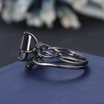 Coffin Cut Genuine Black Onyx Gothic Engagement Ring for Women Vintage Black Gold Ring Emerald Wedding Ring Twig Vine Bridal Promise Rings