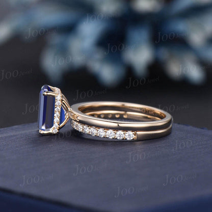 2ct Radiant Cut Blue Sapphire Engagement Ring Set 10k Solid Gold Blue Sapphire Solitaire Wedding Bridal Ring Hidden Halo Ring Promise Gifts