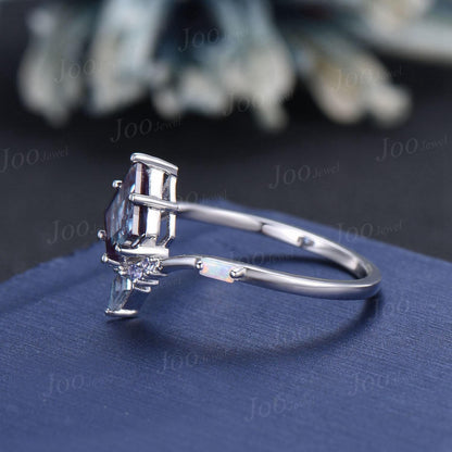 Art Deco Kite Alexandrite Ring Vintage 10K Rose Gold June Birthstone Wedding Ring Unique Color Change Gemstone Ring Anniversary Promise Gift