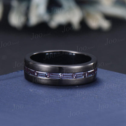 6mm Men Band Baguette Cut Color-Change Alexandrite Engagement Ring for Men Black Brushed Matte Finished Band Unique Marriage Promise Rings