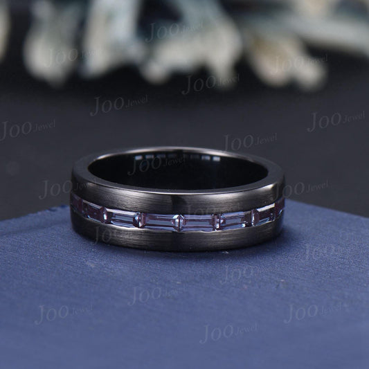 6mm Men Band Baguette Cut Color-Change Alexandrite Engagement Ring for Men Black Brushed Matte Finished Band Unique Marriage Promise Rings