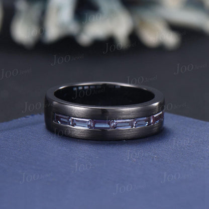 6mm Men Band Baguette Cut Color-Change Alexandrite Engagement Ring for Men Black Brushed Matte Finished Band Unique Marriage Promise Rings
