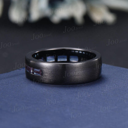 6mm Men Band Baguette Cut Color-Change Alexandrite Engagement Ring for Men Black Brushed Matte Finished Band Unique Marriage Promise Rings