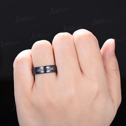 6mm Men Band Baguette Cut Color-Change Alexandrite Engagement Ring for Men Black Brushed Matte Finished Band Unique Marriage Promise Rings