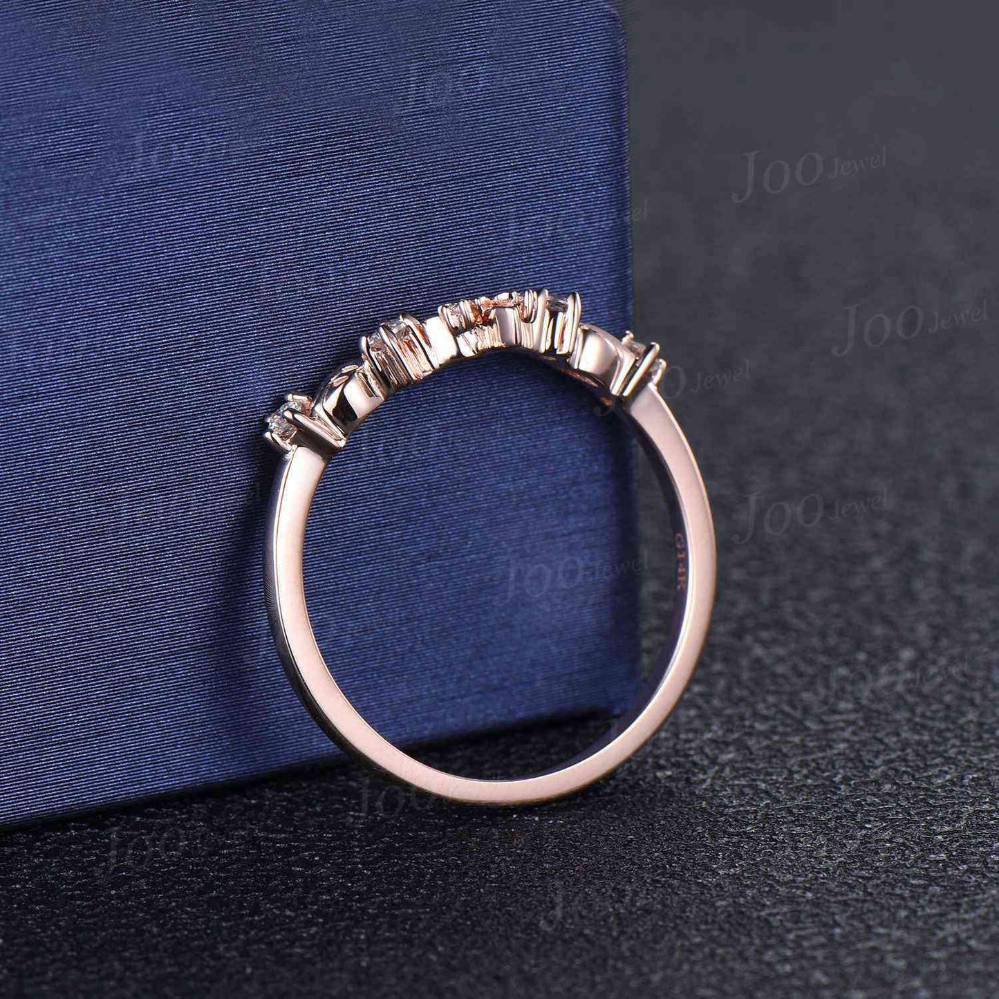 Green Emerald Curved Leaf Wedding Band 14K Rose Gold Nature Inspired Contour Ring Women Unique Matching Band Stacking Ring for Bridal Set
