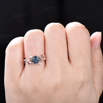 1ct Natural London Blue Topaz Moonstone Ring Vintage Sterling Silver Round Topaz Leaf Cluster Engagement Ring December Birthstone Gift Women
