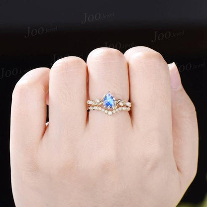 Twig Branch Natural Moonstone Ring Set 10K Yellow Gold 1.25ct Pear Moonstone Nature Engagement Ring Opal Wedding Band June Birthstone Gifts